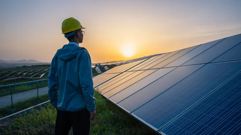 Sun setting over solar panels as man looks on.