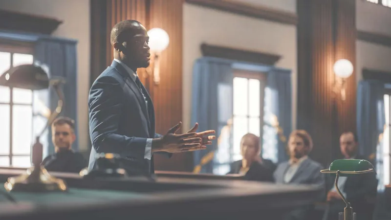 An attorney presenting in court.